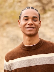 Brown/Cream Relaxed Fit Cosy Stripe Crew Jumper with Wool - Image 4 of 7