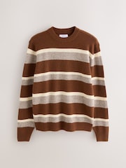 Brown/Cream Relaxed Fit Cosy Stripe Crew Jumper with Wool - Image 5 of 7