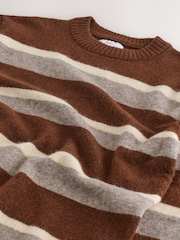 Brown/Cream Relaxed Fit Cosy Stripe Crew Jumper with Wool - Image 7 of 7
