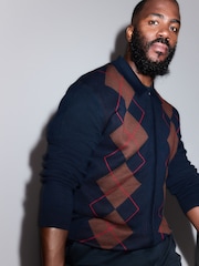Navy Blue Regular Fit Argyle Pattern Collared Zip Through Cardigan - Image 3 of 8