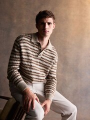 Neutral Regular Fit Fairisle Stripe Long Sleeve Knit Polo Shirt with Wool - Image 3 of 8
