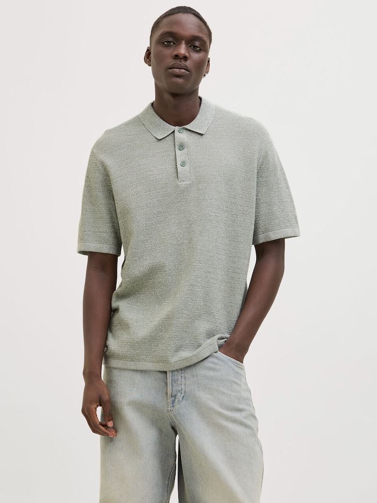 JACK & JONES Green Knitted Polo Top - Image 1 of 7 JACK & JONES Green Knitted Polo Top - Image 1 of 7