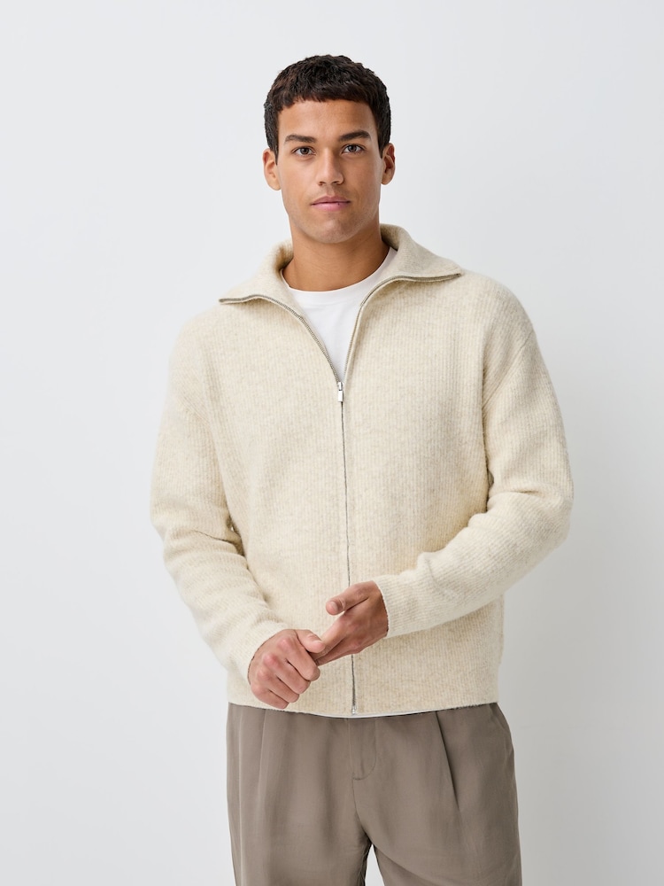 Neutral Relaxed Fit Cosy Knitted Zip Through Cardigan with Wool - Image 1 of 7