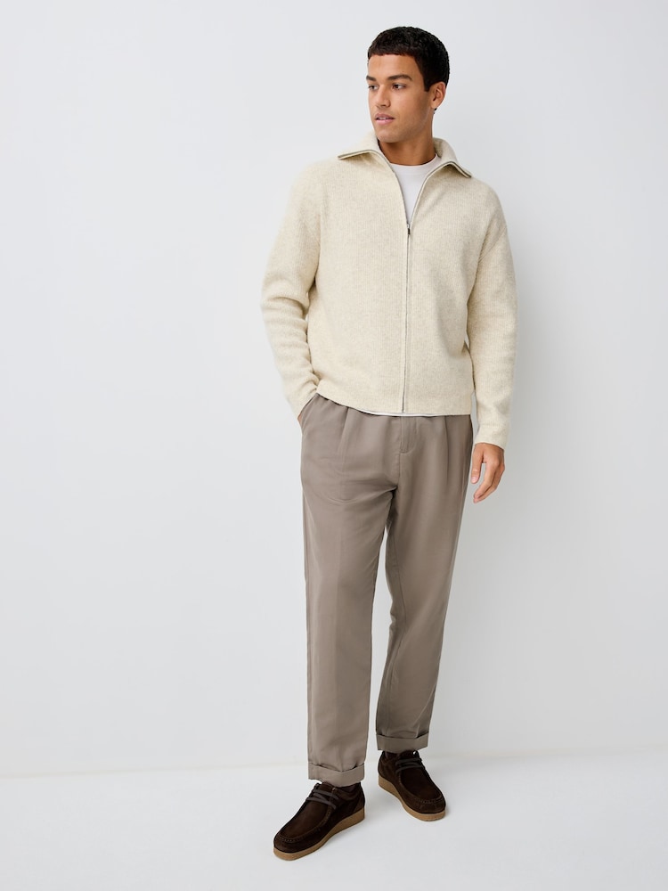 Neutral Relaxed Fit Cosy Knitted Zip Through Cardigan with Wool - Image 2 of 7
