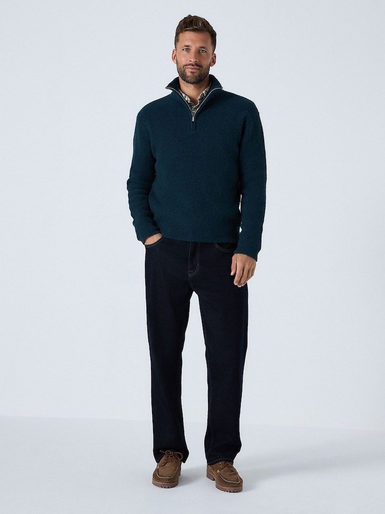 Teal Blue Regular Fit Soufflé Rib Texture Quarter Zip Neck Jumper with Wool - Image 2 of 8