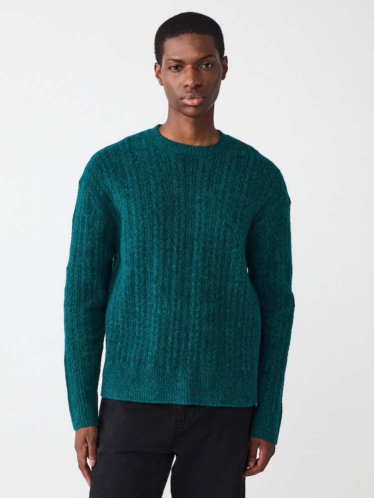 Teal Blue Relaxed Fit Cosy Cable Crew Neck Jumper with Wool - Image 1 of 7