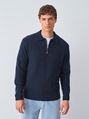 Navy Blue Zip Neck Regular Fit Cosy Knit Polo Shirt with Wool - Image 1 of 8