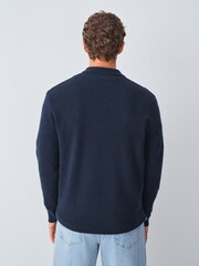 Navy Blue Zip Neck Regular Fit Cosy Knit Polo Shirt with Wool - Image 2 of 8