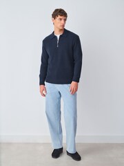 Navy Blue Zip Neck Regular Fit Cosy Knit Polo Shirt with Wool - Image 3 of 8