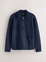 Navy Blue Zip Neck Regular Fit Cosy Knit Polo Shirt with Wool - Image 6 of 8