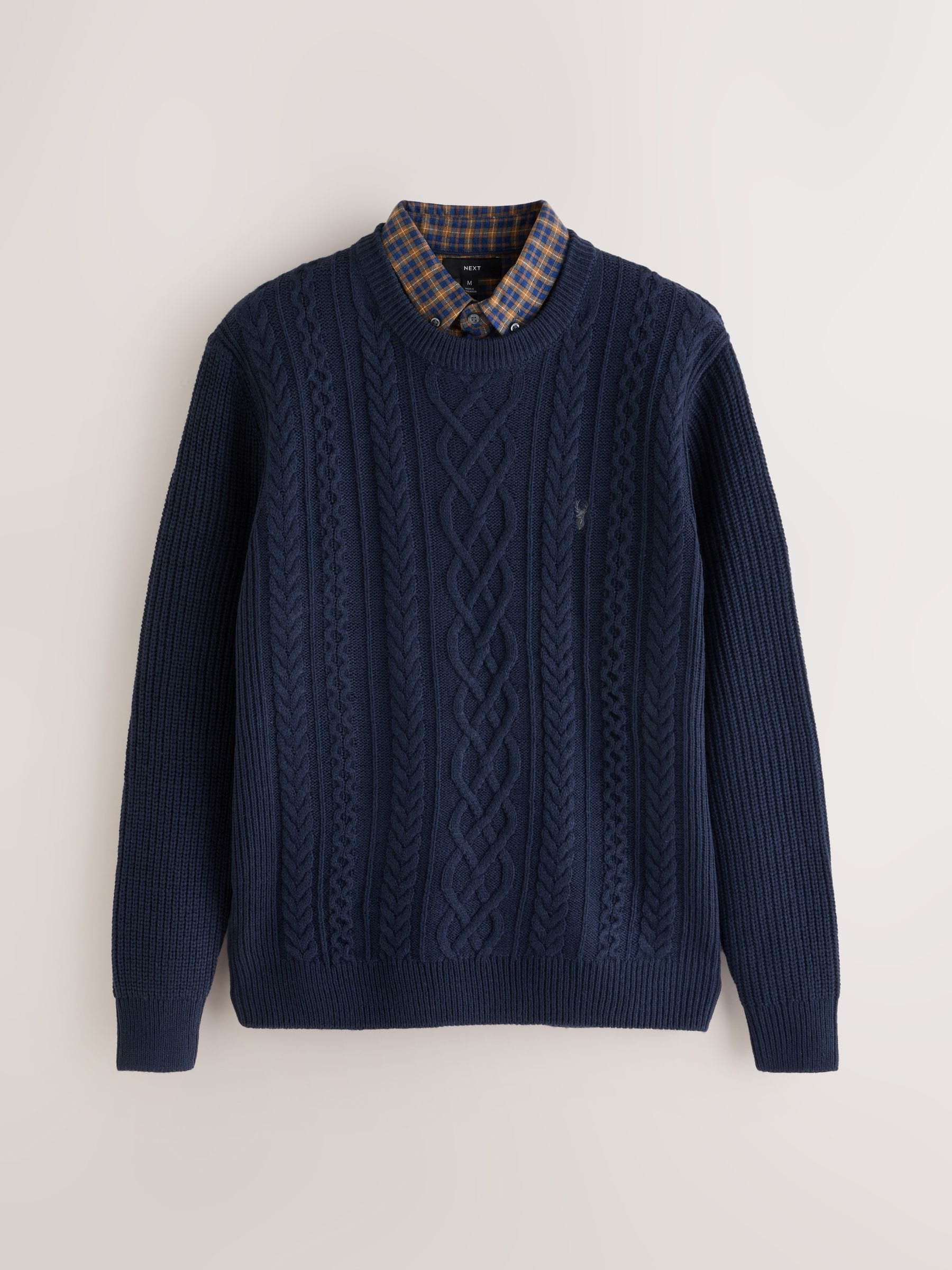 Buy Navy Blue Regular Fit Aran Cable Mock Shirt Jumper from the