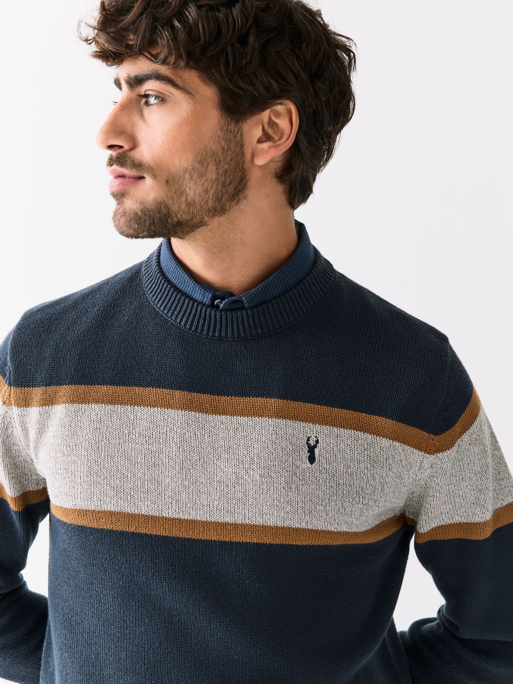Buy Navy Blue Regular Fit Colourblock Stripe Mock Shirt Jumper