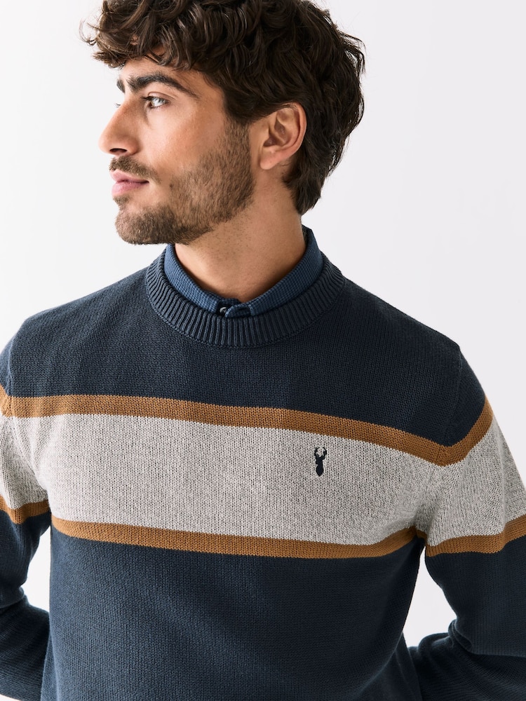 Navy Blue Regular Fit Colourblock Stripe Mock Shirt Jumper - Image 5 of 5 Navy Blue Regular Fit Colourblock Stripe Mock Shirt Jumper - Image 5 of 5