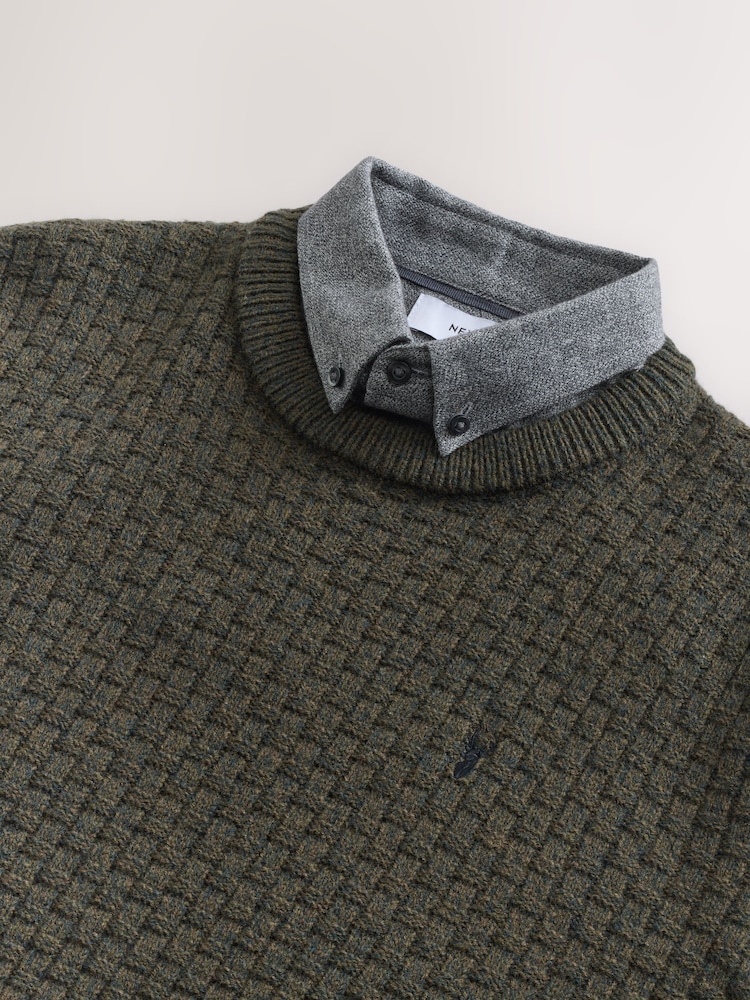 Green Basketweave Regular Fit Mock Shirt Jumper - Image 7 of 7