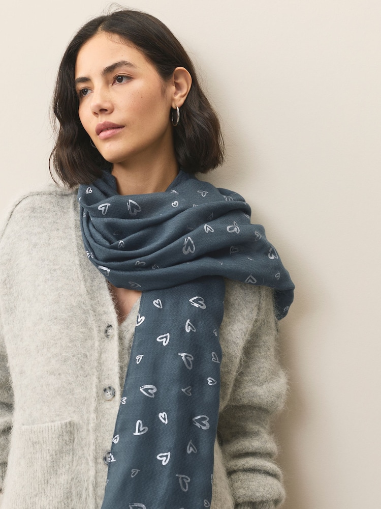 Grey Foil Heart Motif Lightweight Scarf - Image 2 of 7 Grey Foil Heart Motif Lightweight Scarf - Image 2 of 7