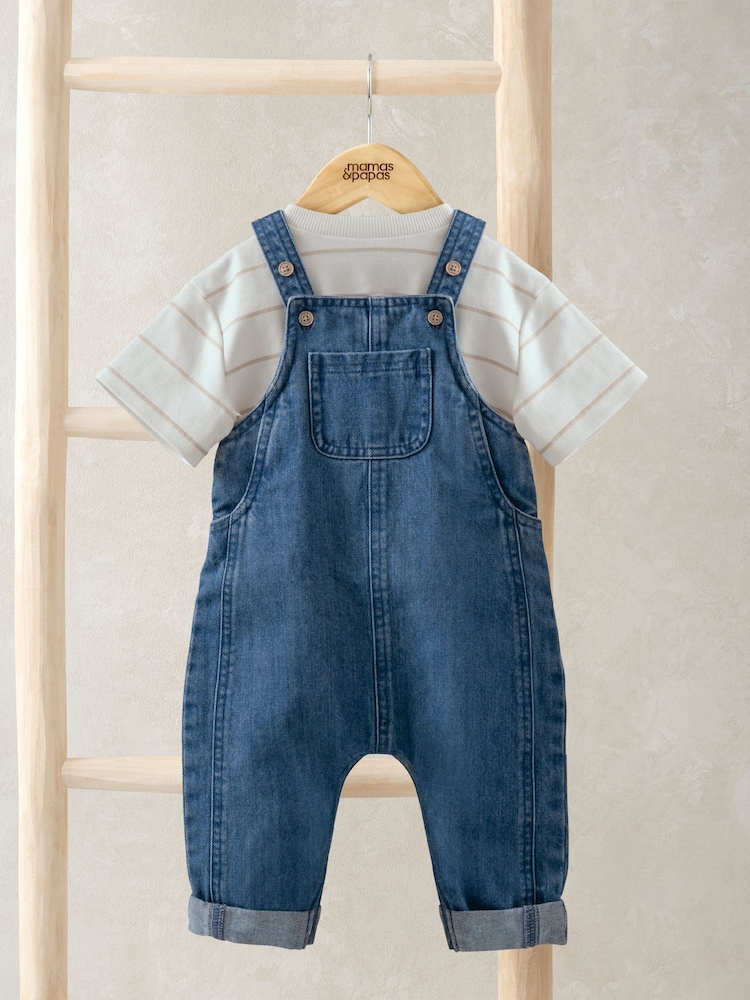 Mamas & Papas Stripe T-Shirt And Denim Dungaree Set - Image 1 of 5