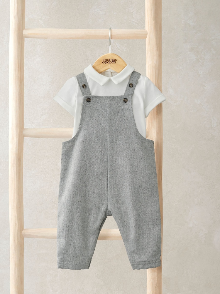 Mamas & Papas Grey Herringbone Dungaree And Bodysuit Set - Image 1 of 5