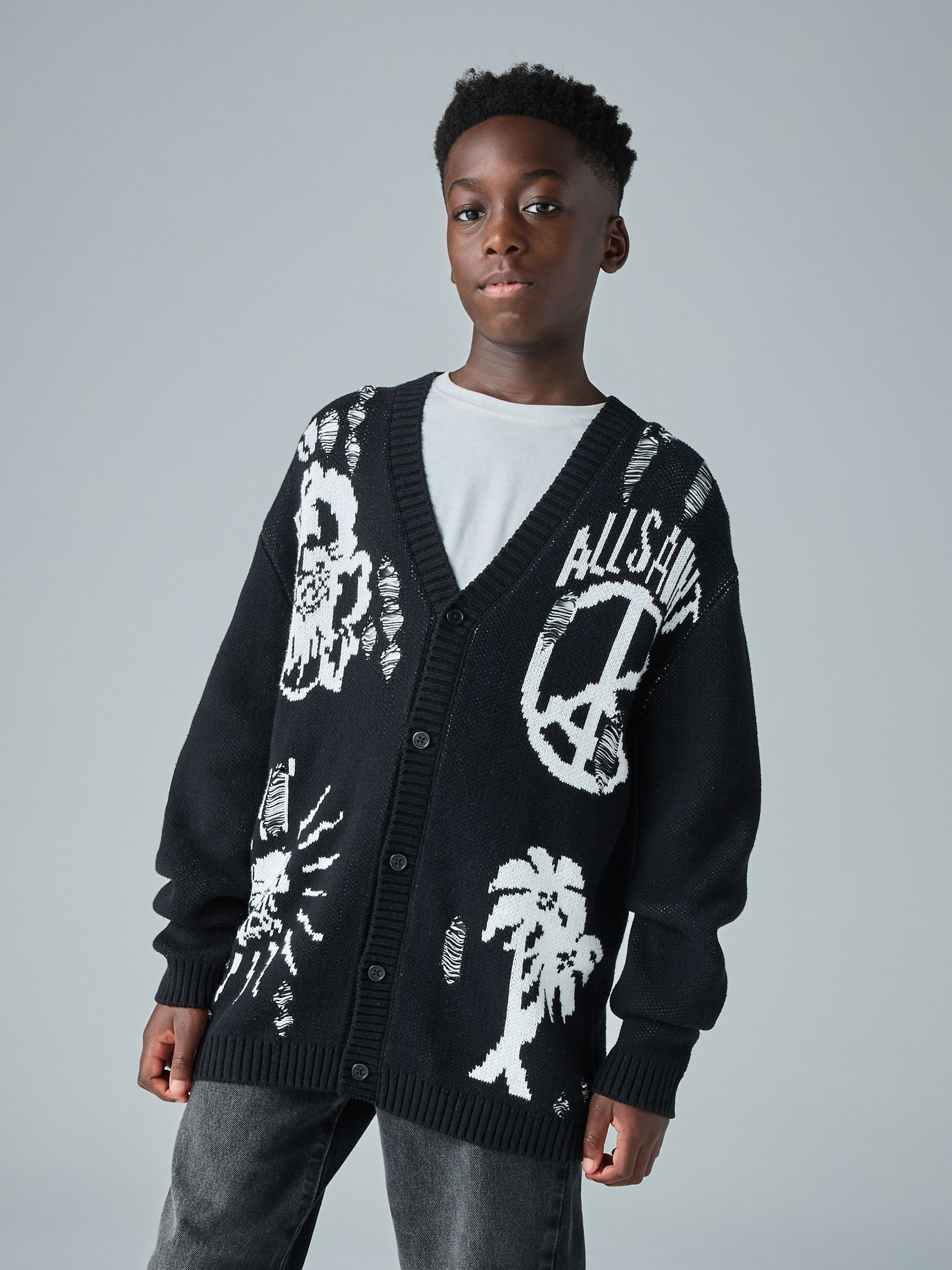 Buy smALLSAINTS Black Motive Graphic Distressed Knitted Cardigan