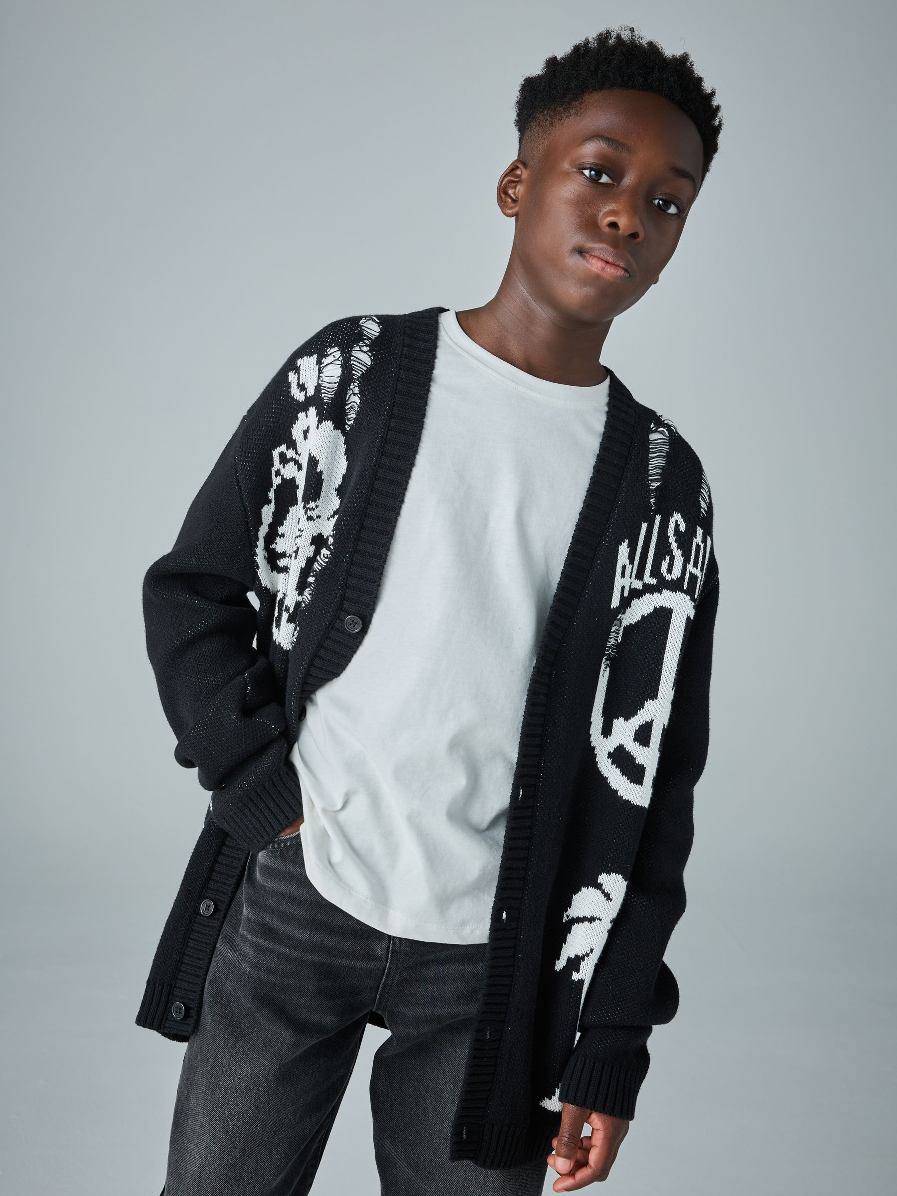 Buy smALLSAINTS Black Motive Graphic Distressed Knitted Cardigan