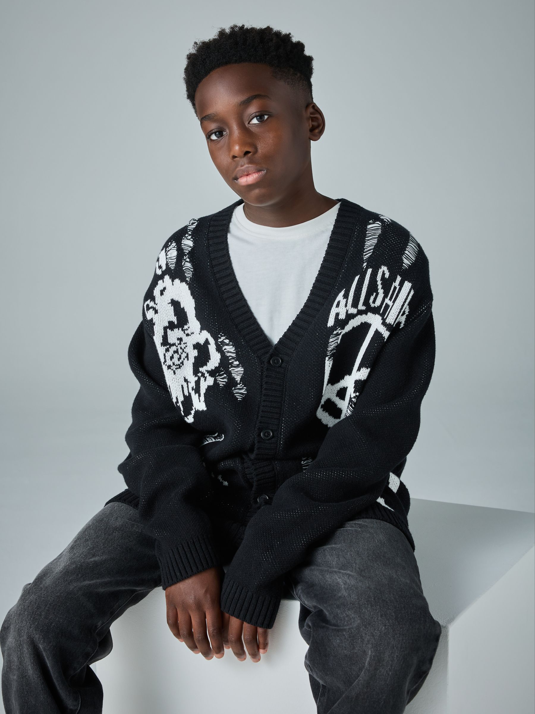 Buy smALLSAINTS Black Motive Graphic Distressed Knitted Cardigan