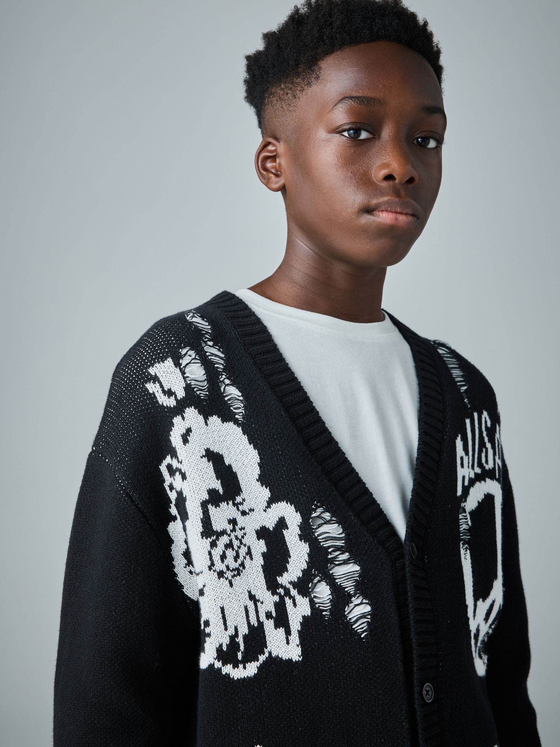 Buy smALLSAINTS Black Motive Graphic Distressed Knitted Cardigan