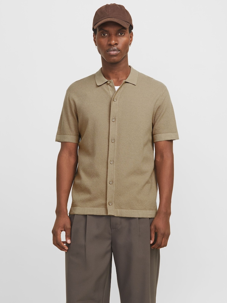 JACK & JONES Cream Knitted Button Down Short Sleeve Shirt - Image 1 of 7