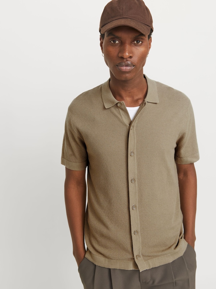 JACK & JONES Cream Knitted Button Down Short Sleeve Shirt - Image 2 of 7