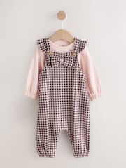 Pink / Chocolate Gingham Baby Long Sleeve Bodysuit and Dungarees 2 Piece Set (0mths-2yrs) - Image 1 of 9