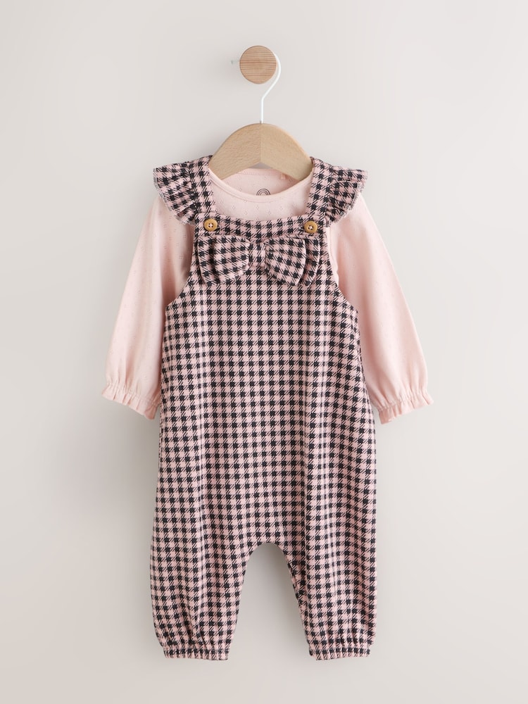 Pink / Chocolate Gingham Baby Long Sleeve Bodysuit and Dungarees 2 Piece Set (0mths-2yrs) - Image 1 of 9