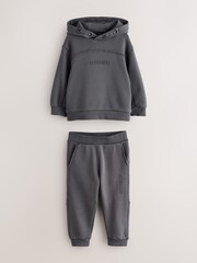 smALLSAINTS Charcoal Grey Embossed Logo Washed Hoodie and Joggers Younger Boys Set - Image 1 of 4