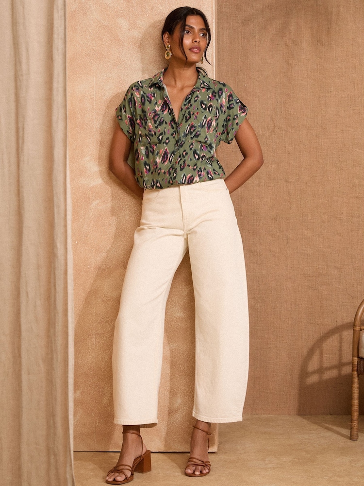 Love & Roses Khaki Green Animal Print Printed Roll Sleeve Shirt - Image 2 of 4