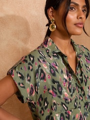 Love & Roses Khaki Green Animal Print Printed Roll Sleeve Shirt - Image 4 of 4