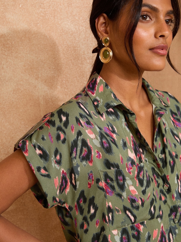 Love & Roses Khaki Green Animal Print Printed Roll Sleeve Shirt - Image 4 of 4 Love & Roses Khaki Green Animal Print Printed Roll Sleeve Shirt - Image 4 of 4