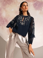 Love & Roses Navy Blue RO Crew Neck Embellished Long Sleeve Blouse - Image 1 of 4