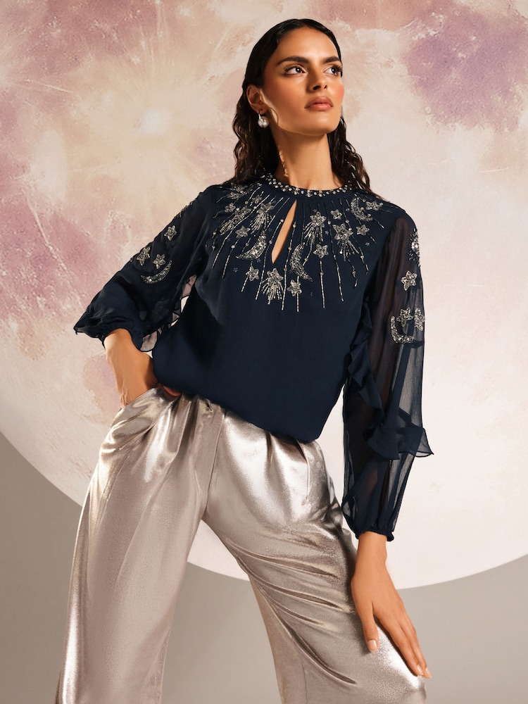 Love & Roses Navy Blue RO Crew Neck Embellished Long Sleeve Blouse - Image 1 of 4