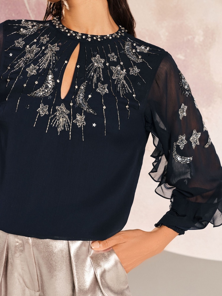 Love & Roses Navy Blue RO Crew Neck Embellished Long Sleeve Blouse - Image 2 of 4