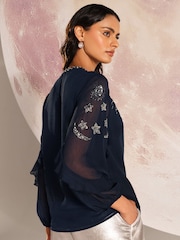 Love & Roses Navy Blue RO Crew Neck Embellished Long Sleeve Blouse - Image 4 of 4