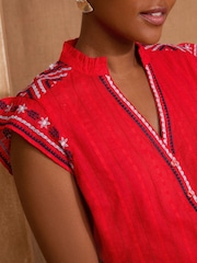 Love & Roses Red Print Flutter Sleeve V-Neck Blouse - Image 2 of 4