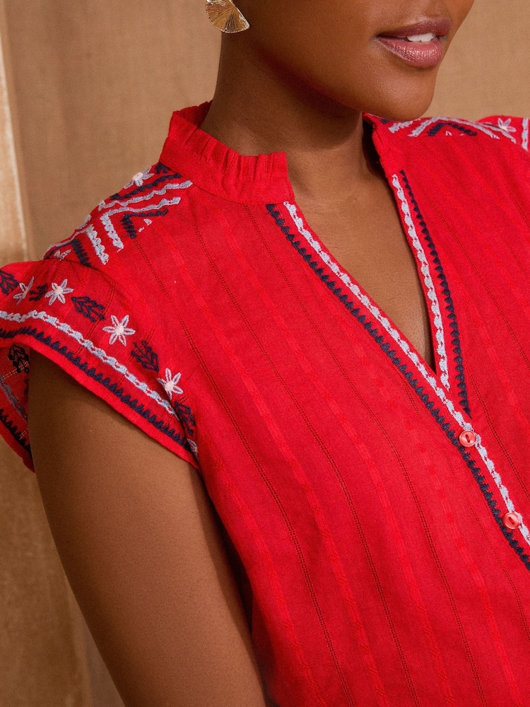 Love & Roses Red Print Flutter Sleeve V-Neck Blouse - Image 2 of 4
