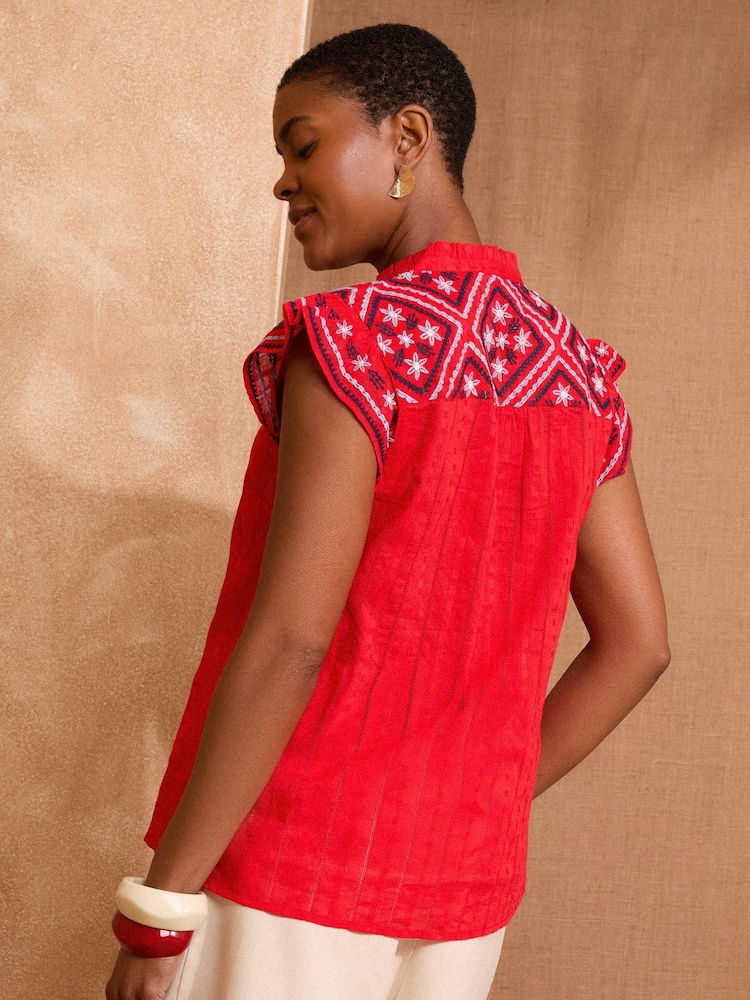 Love & Roses Red Print Flutter Sleeve V-Neck Blouse - Image 4 of 4 Love & Roses Red Print Flutter Sleeve V-Neck Blouse - Image 4 of 4