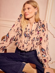 Love & Roses Beige Animal Notch Neck Long Sleeve Blouse - Image 1 of 4