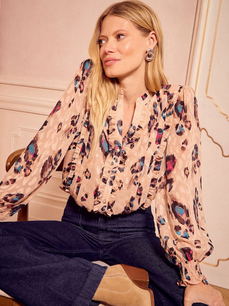 Love & Roses Beige Animal Notch Neck Long Sleeve Blouse - Image 1 of 4