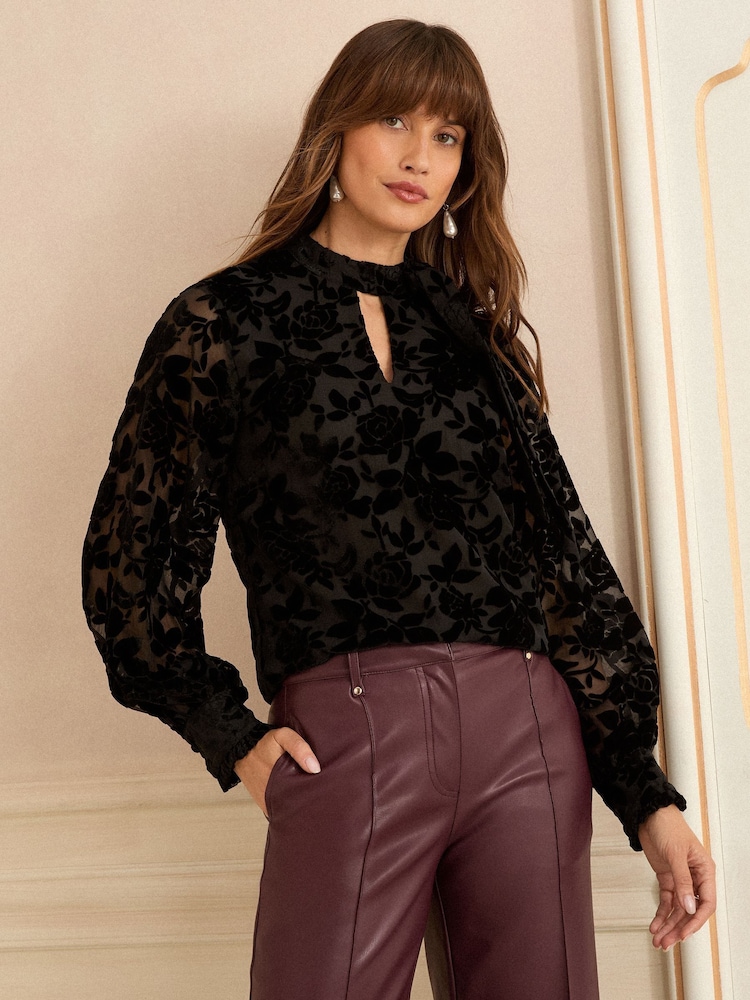 Love & Roses Black Velvet Burnout Long Sleeve Pussybow Blouse - Image 1 of 4