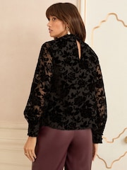 Love & Roses Black Velvet Burnout Long Sleeve Pussybow Blouse - Image 4 of 4