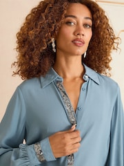 Love & Roses Blue Long Sleeve Sequin Trim Shirt - Image 2 of 4