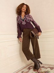 Love & Roses Burgundy Red Paisley Printed Shirred Notch Neck Long Sleeve Blouse - Image 2 of 4
