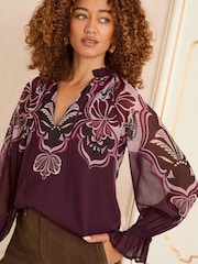 Love & Roses Burgundy Red Paisley Printed Shirred Notch Neck Long Sleeve Blouse - Image 3 of 4
