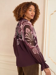 Love & Roses Burgundy Red Paisley Printed Shirred Notch Neck Long Sleeve Blouse - Image 4 of 4