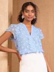 Love & Roses Blue 3D Flutter Sleeve Blouse - Image 1 of 4