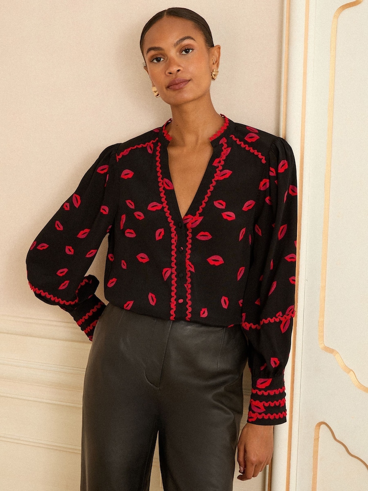 Love & Roses Black Lips Print Notch Neck Long Sleeve Blouse - Image 1 of 4